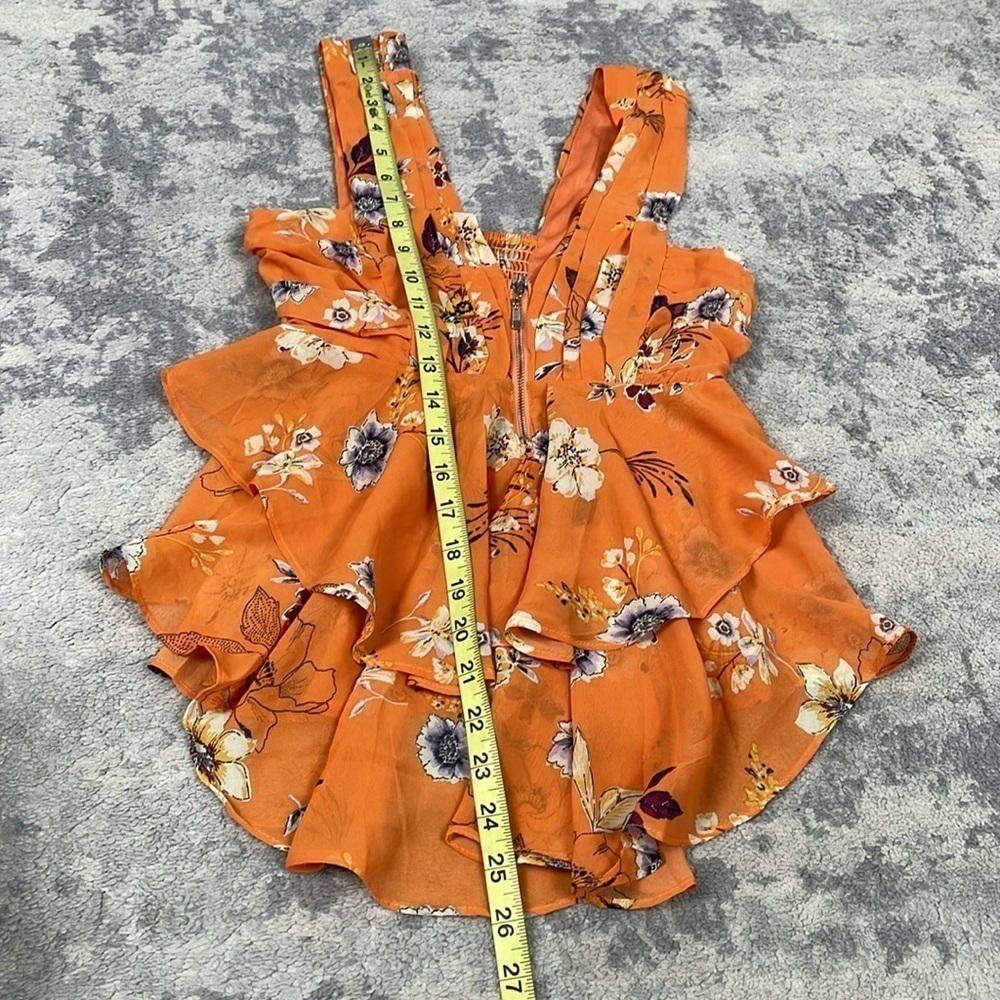 Haute Monde Ruffle Tiered Peplum Chiffon V Neck Blouse Orange Floral - Picture 5 of 7